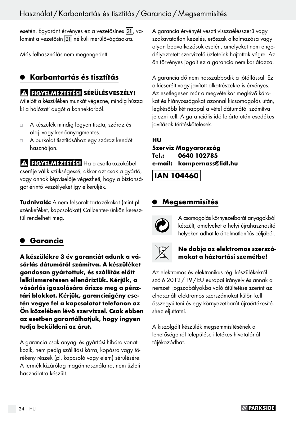 Karbantartás és tisztítás, Garancia | Parkside PTSS 1200 A1 User Manual | Page 24 / 63