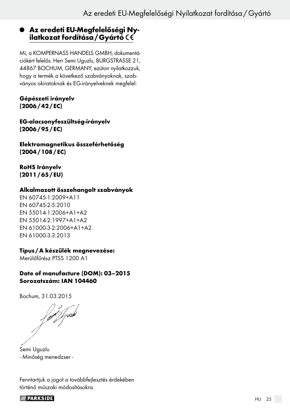 Parkside PTSS 1200 A1 User Manual | Page 25 / 63