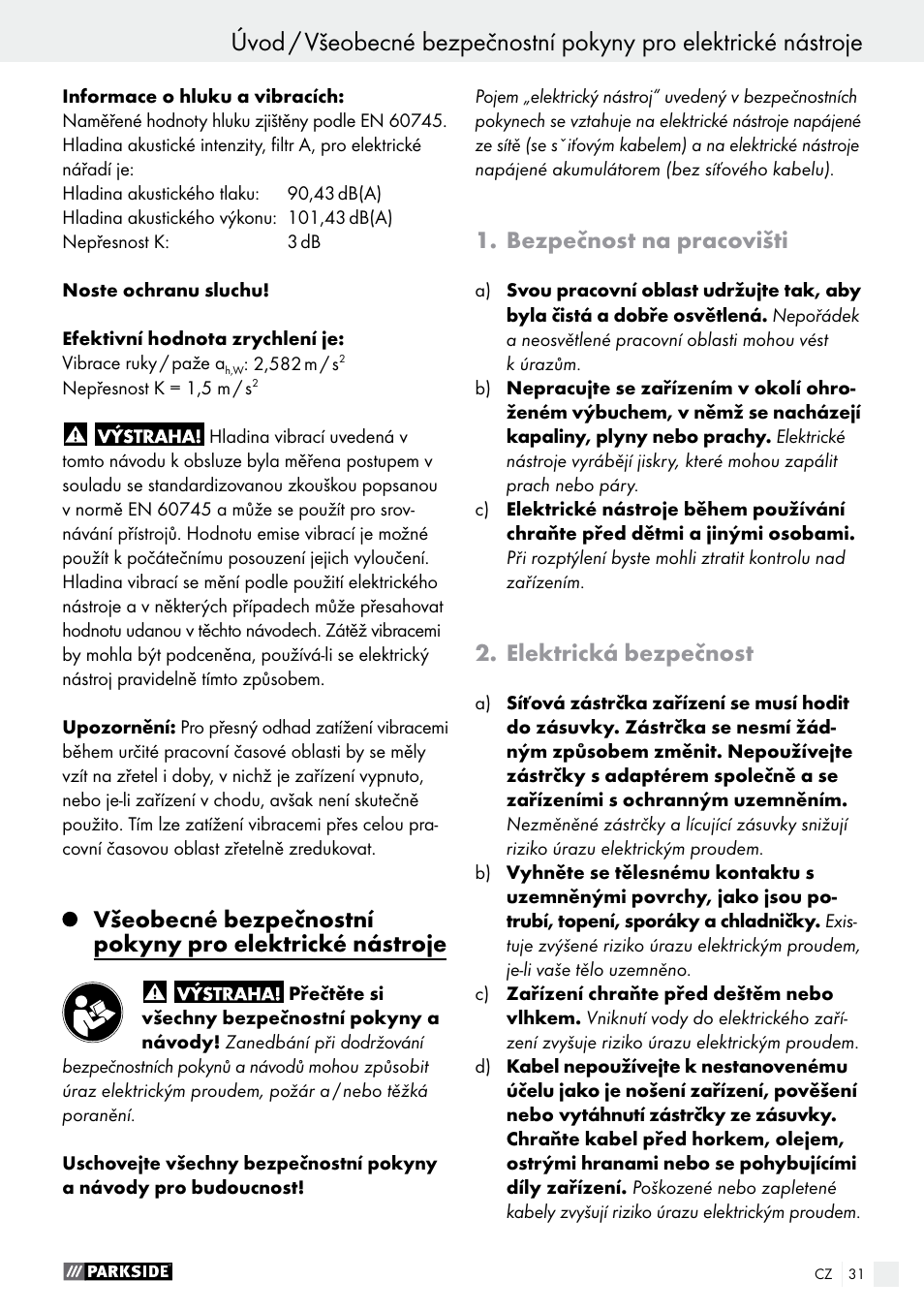 Bezpečnost na pracovišti, Elektrická bezpečnost | Parkside PTSS 1200 A1 User Manual | Page 31 / 63