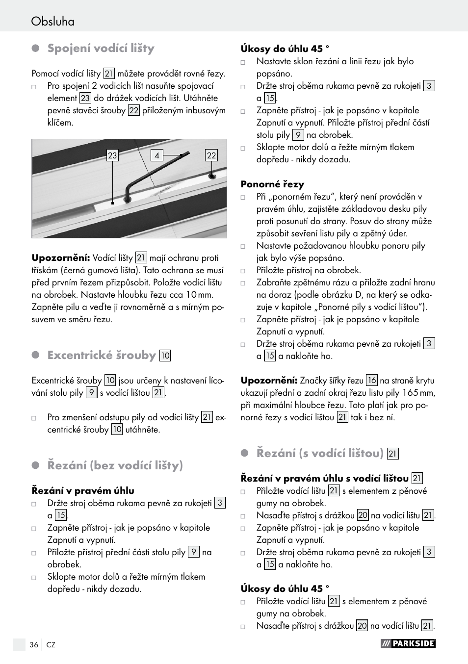 Obsluha, Obsluha / údržba a čištění / záruka, Spojení vodící lišty | Excentrické šrouby, Řezání (bez vodící lišty), Řezání (s vodící lištou) | Parkside PTSS 1200 A1 User Manual | Page 36 / 63