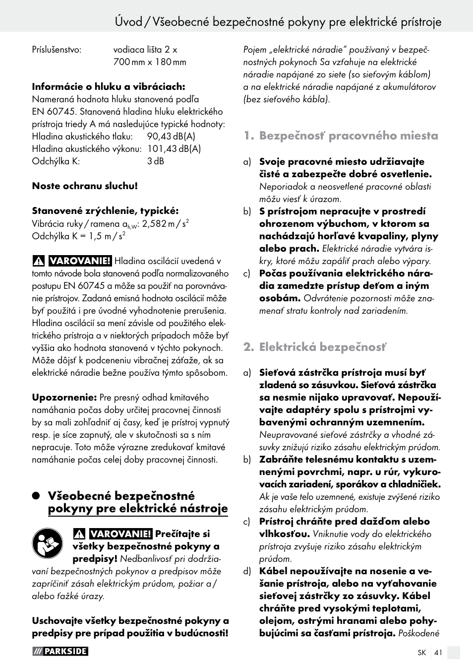 Bezpečnosť pracovného miesta, Elektrická bezpečnosť | Parkside PTSS 1200 A1 User Manual | Page 41 / 63