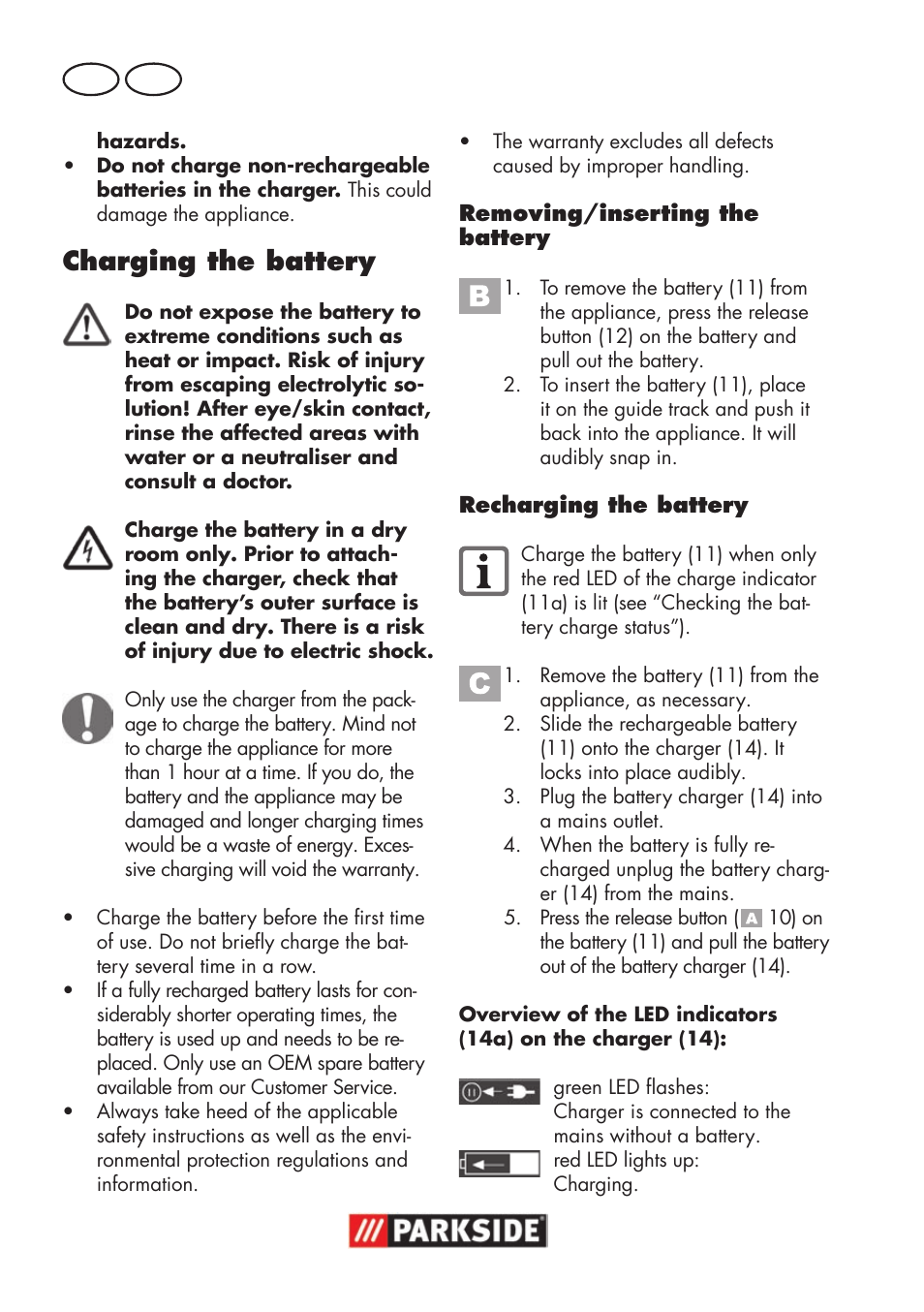 Charging the battery, Gb ie | Parkside PSSA 18 A1 User Manual | Page 12 / 84