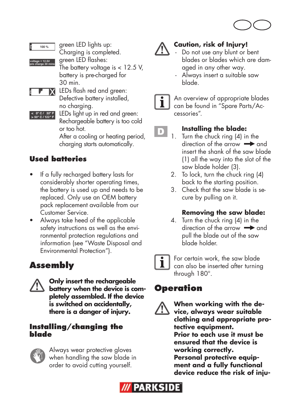 Assembly, Operation, Gb ie | Parkside PSSA 18 A1 User Manual | Page 13 / 84