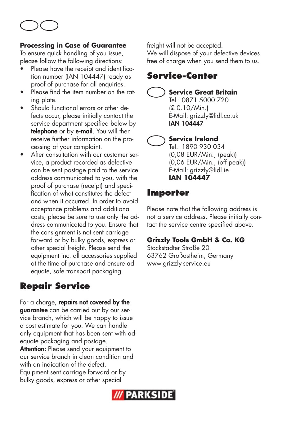 Repair service, Service-center, Importer | Gb ie | Parkside PSSA 18 A1 User Manual | Page 18 / 84