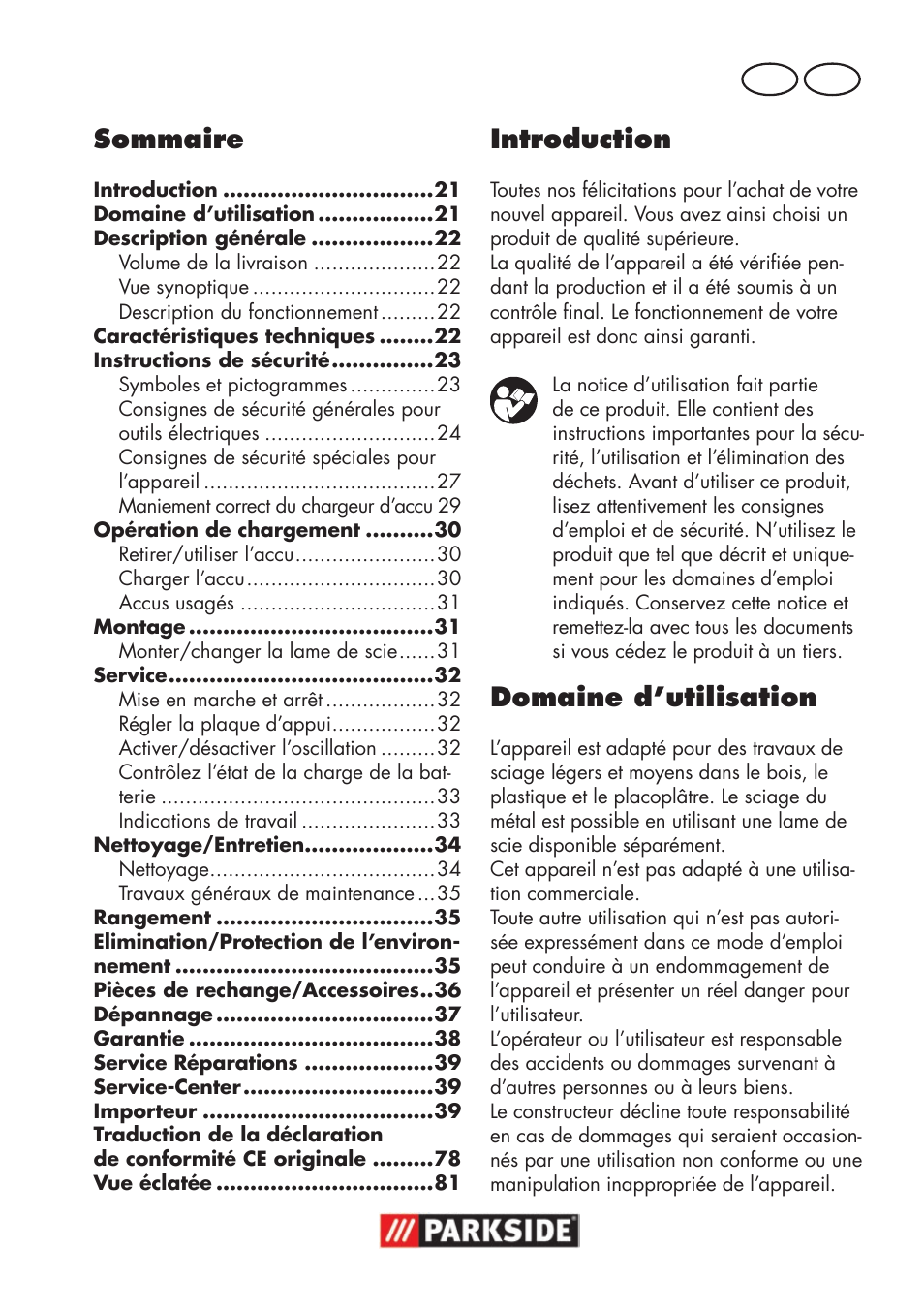Introduction, Domaine d’utilisation, Sommaire | Fr be | Parkside PSSA 18 A1 User Manual | Page 21 / 84