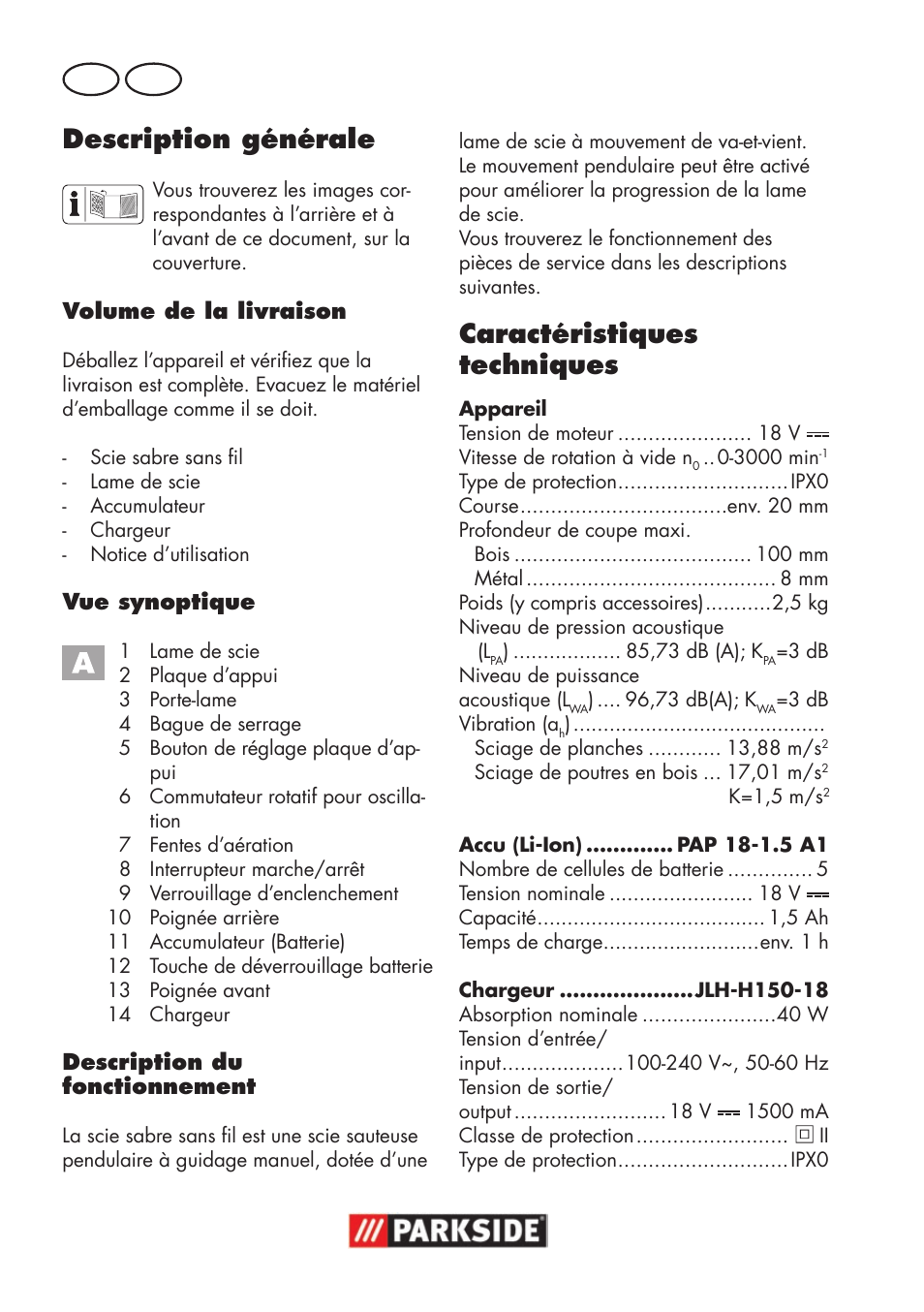 Description générale, Caractéristiques techniques, Fr be | Parkside PSSA 18 A1 User Manual | Page 22 / 84