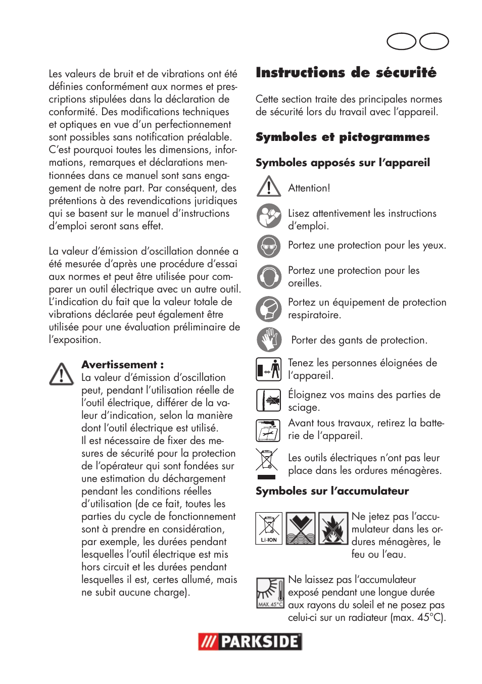 Instructions de sécurité, Fr be | Parkside PSSA 18 A1 User Manual | Page 23 / 84