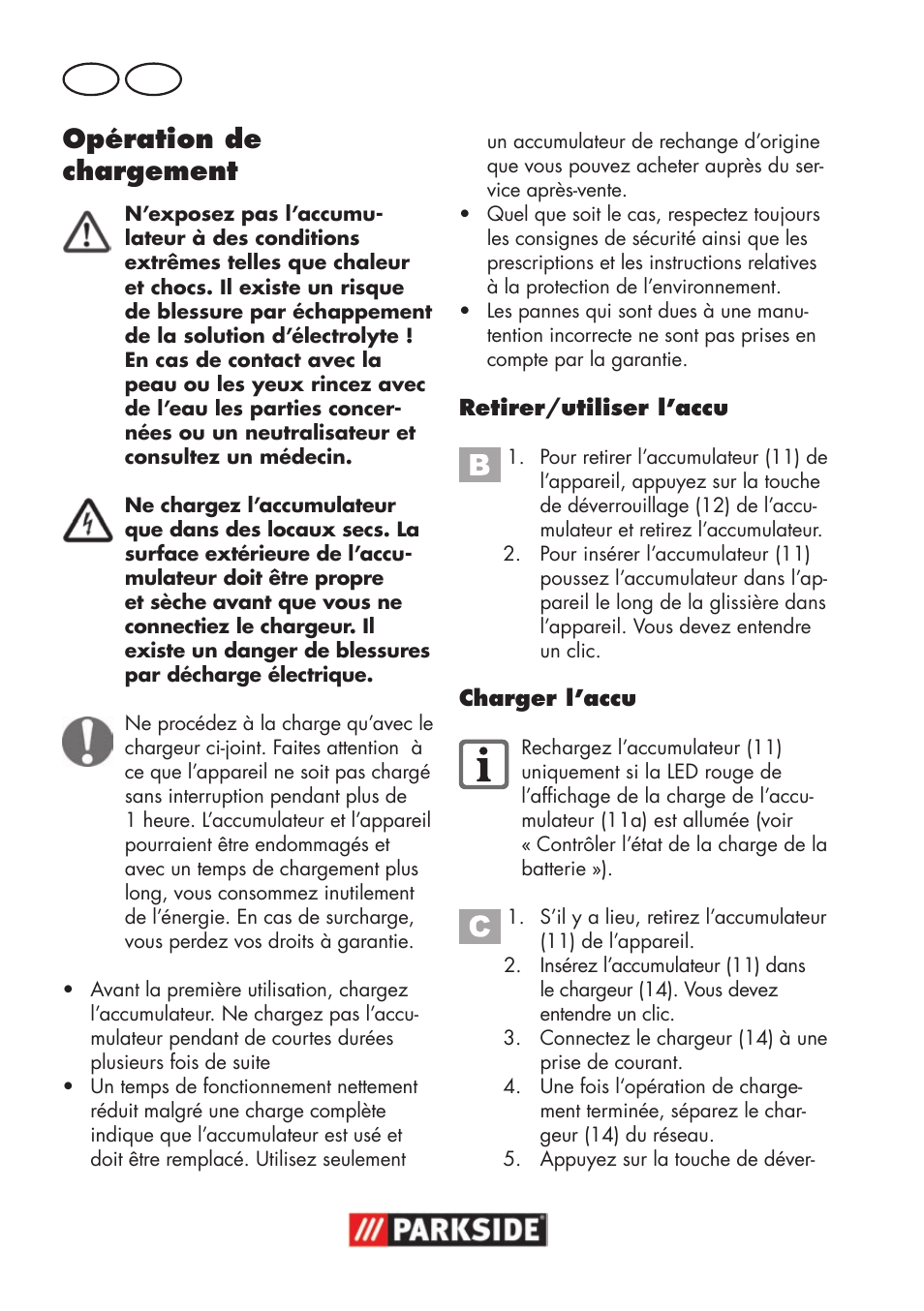 Opération de chargement, Fr be | Parkside PSSA 18 A1 User Manual | Page 30 / 84