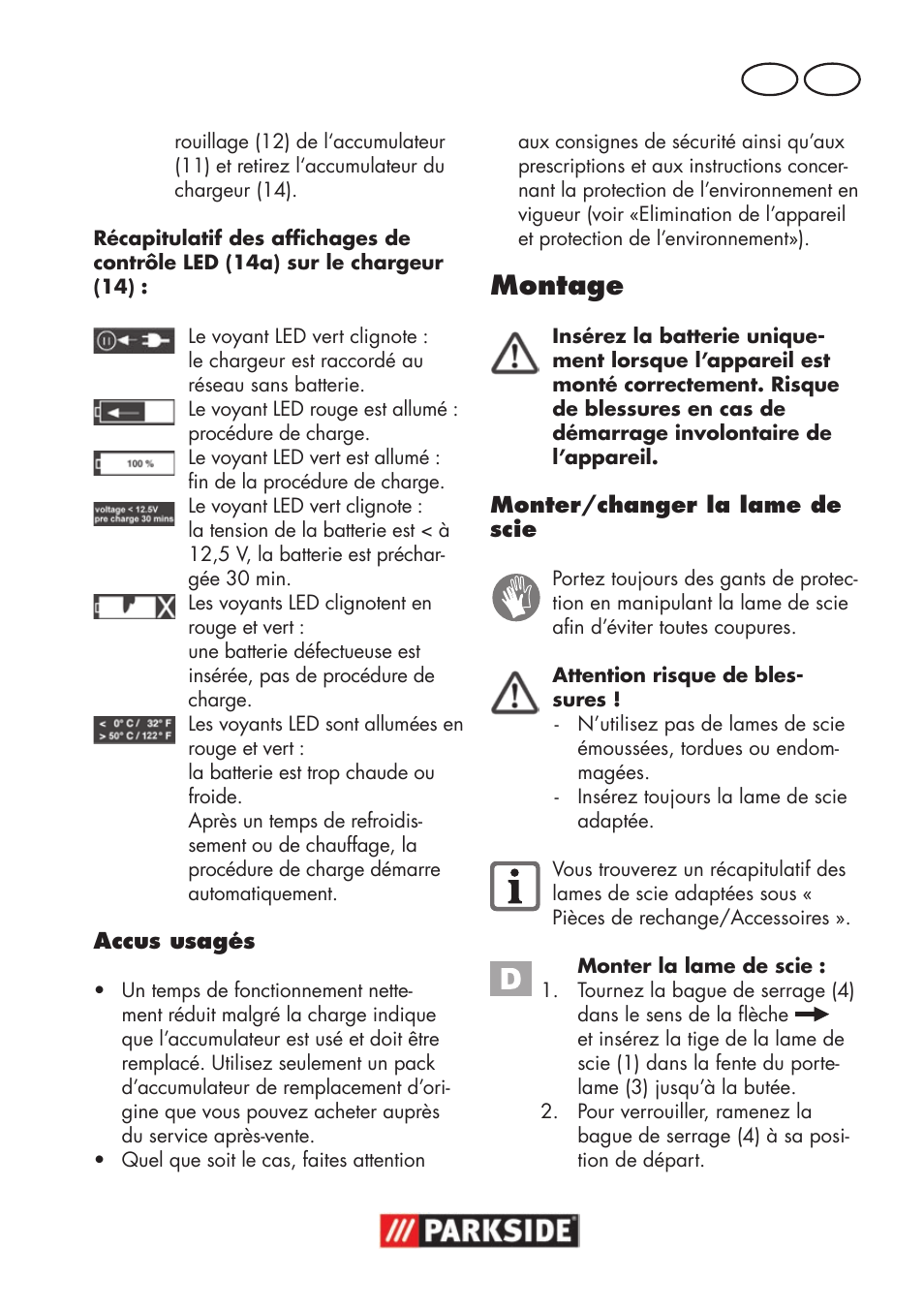 Montage, Fr be | Parkside PSSA 18 A1 User Manual | Page 31 / 84