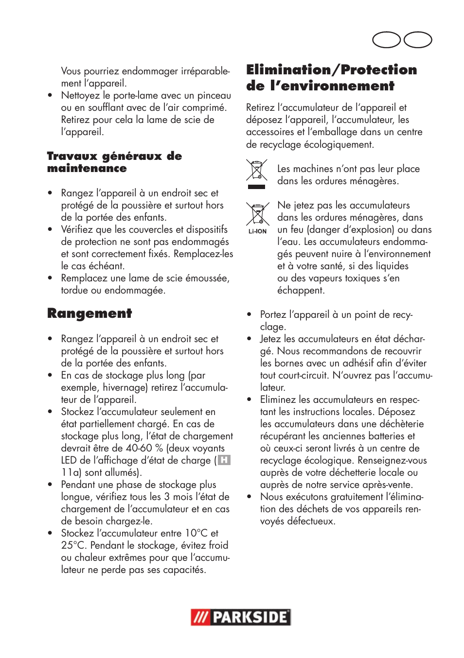 Rangement, Elimination/protection de l’environnement, Fr be | Parkside PSSA 18 A1 User Manual | Page 35 / 84