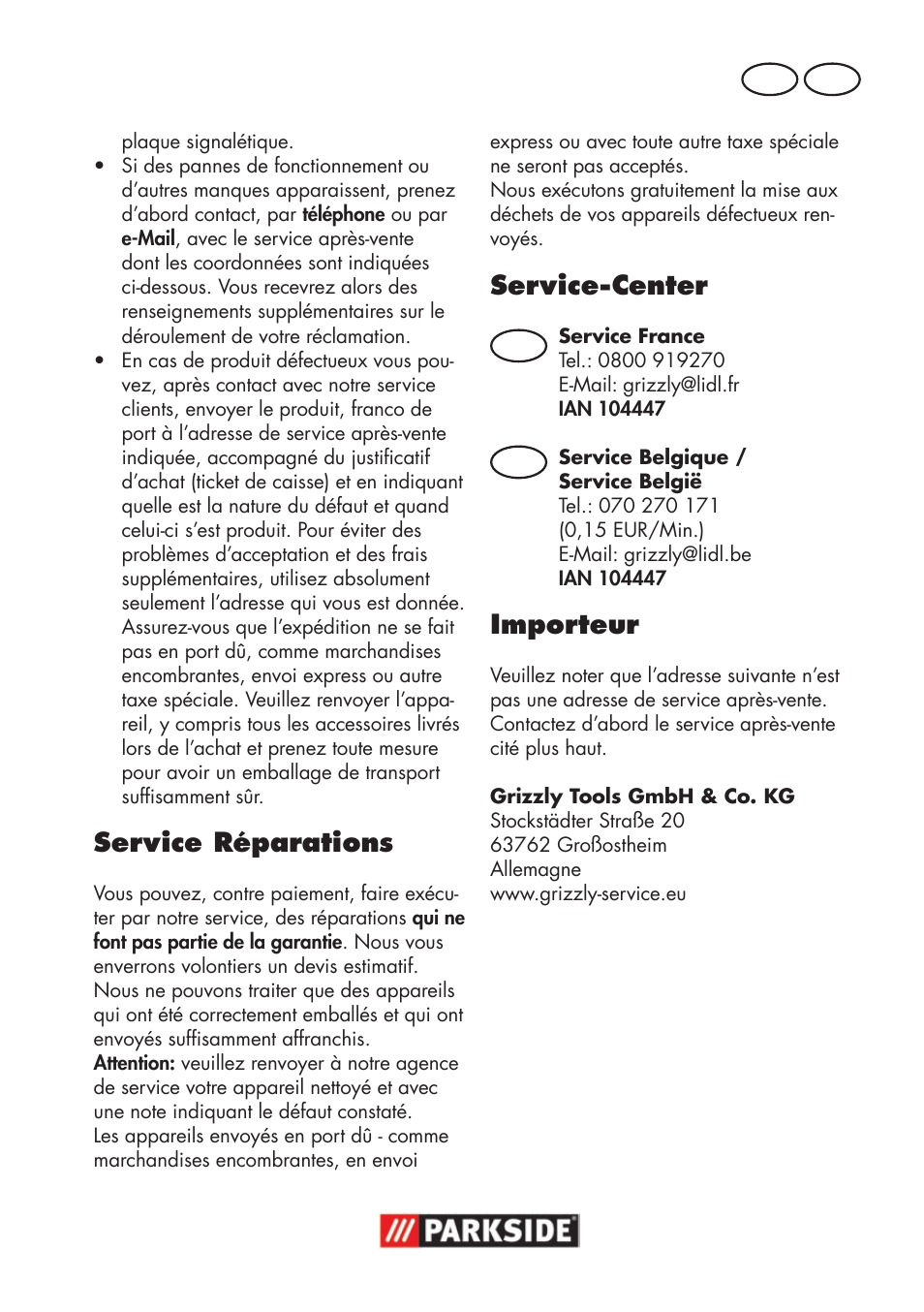 Service réparations, Service-center, Importeur | Fr be | Parkside PSSA 18 A1 User Manual | Page 39 / 84