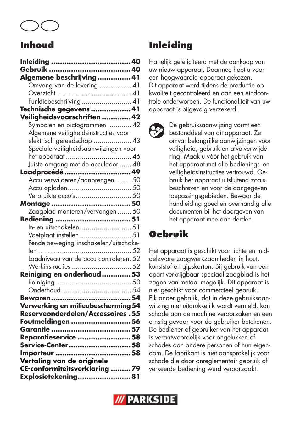 Inhoud, Inleiding, Gebruik | Nl be | Parkside PSSA 18 A1 User Manual | Page 40 / 84