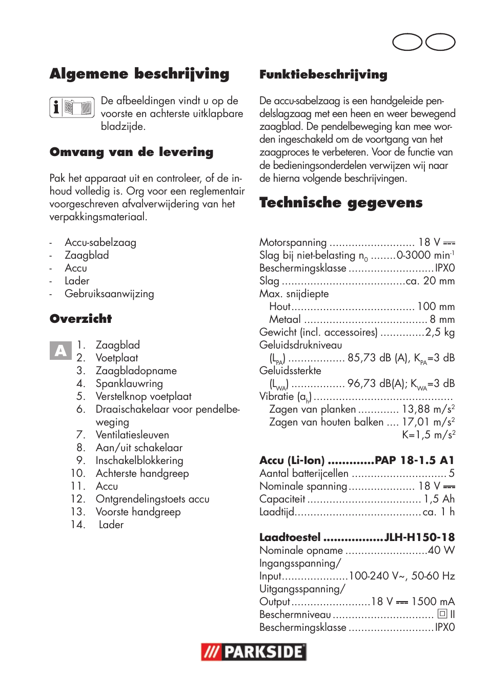 Algemene beschrijving, Technische gegevens, Nl be | Parkside PSSA 18 A1 User Manual | Page 41 / 84