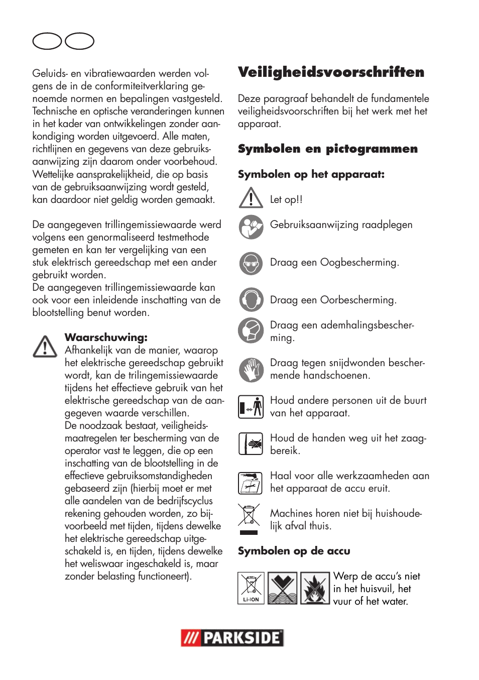 Veiligheidsvoorschriften, Nl be | Parkside PSSA 18 A1 User Manual | Page 42 / 84