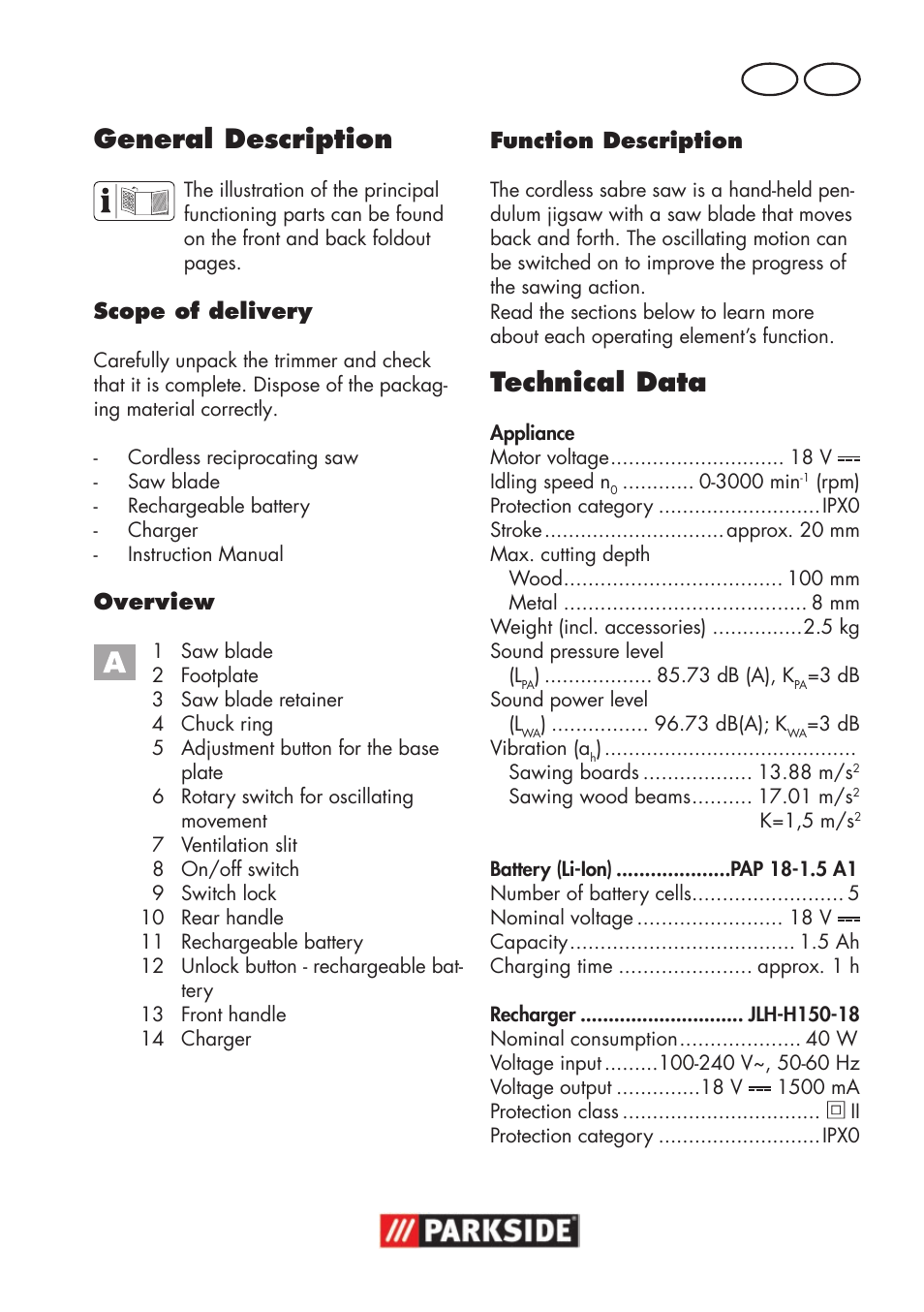 General description, Technical data, Gb ie | Parkside PSSA 18 A1 User Manual | Page 5 / 84