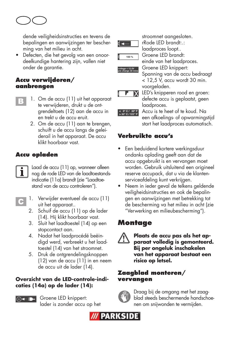Montage, Nl be | Parkside PSSA 18 A1 User Manual | Page 50 / 84