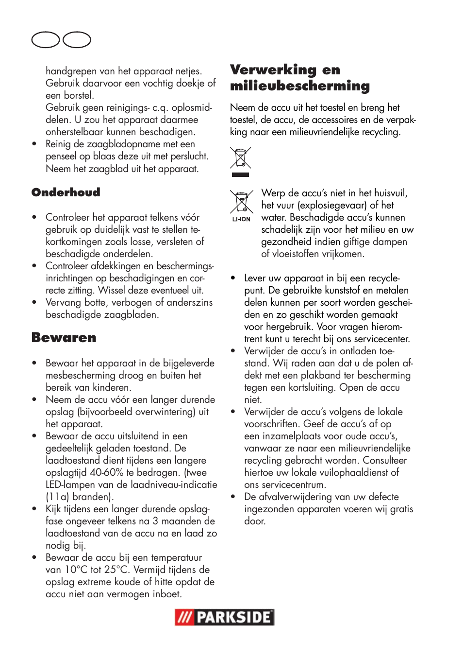 Bewaren, Verwerking en milieubescherming, Nl be | Parkside PSSA 18 A1 User Manual | Page 54 / 84