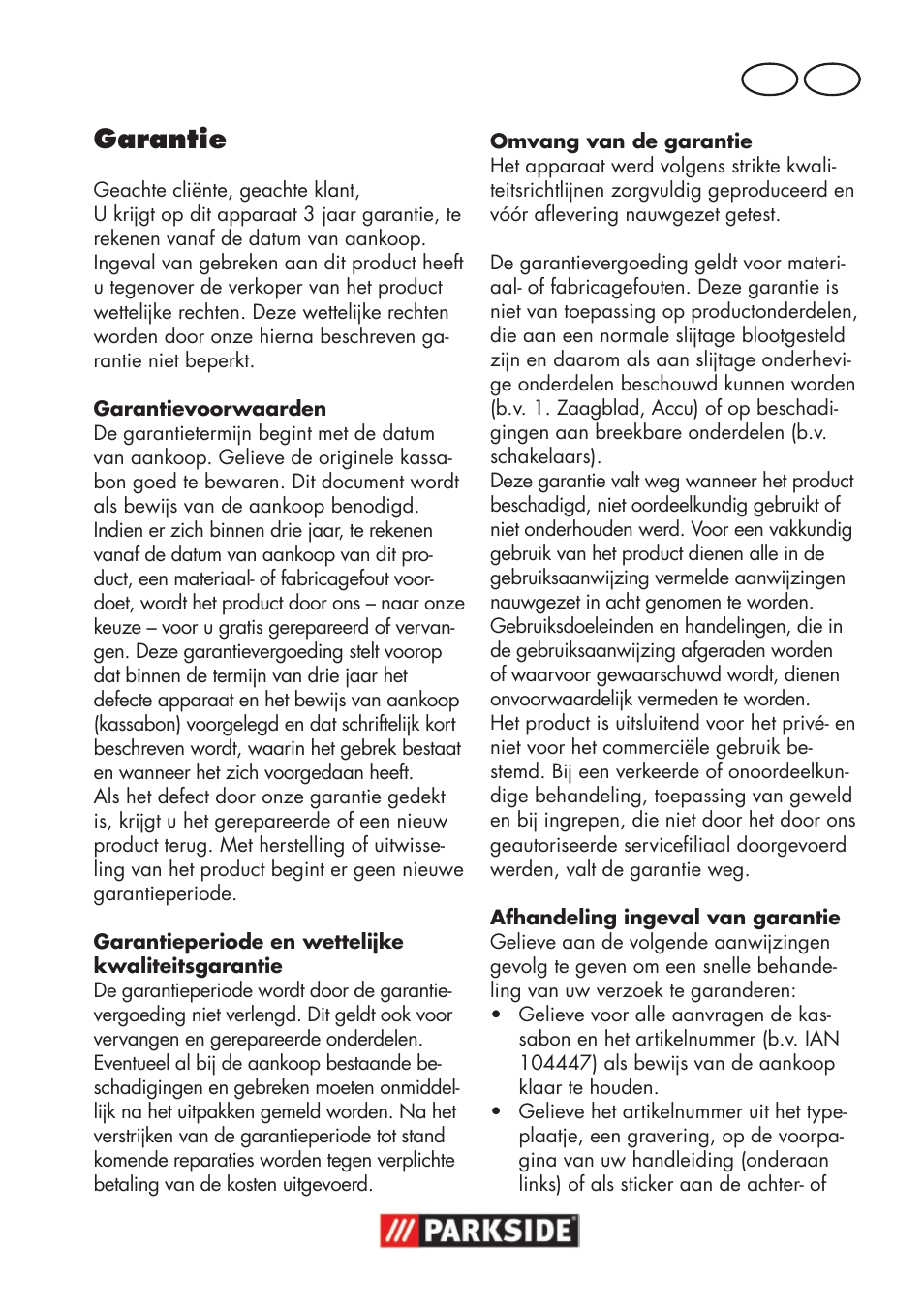 Garantie, Nl be | Parkside PSSA 18 A1 User Manual | Page 57 / 84