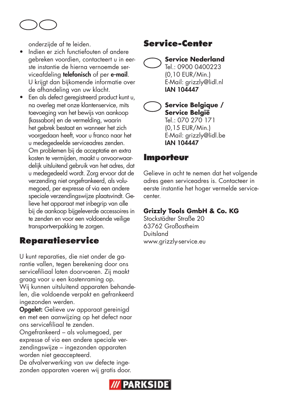 Reparatieservice, Service-center, Importeur | Nl be | Parkside PSSA 18 A1 User Manual | Page 58 / 84