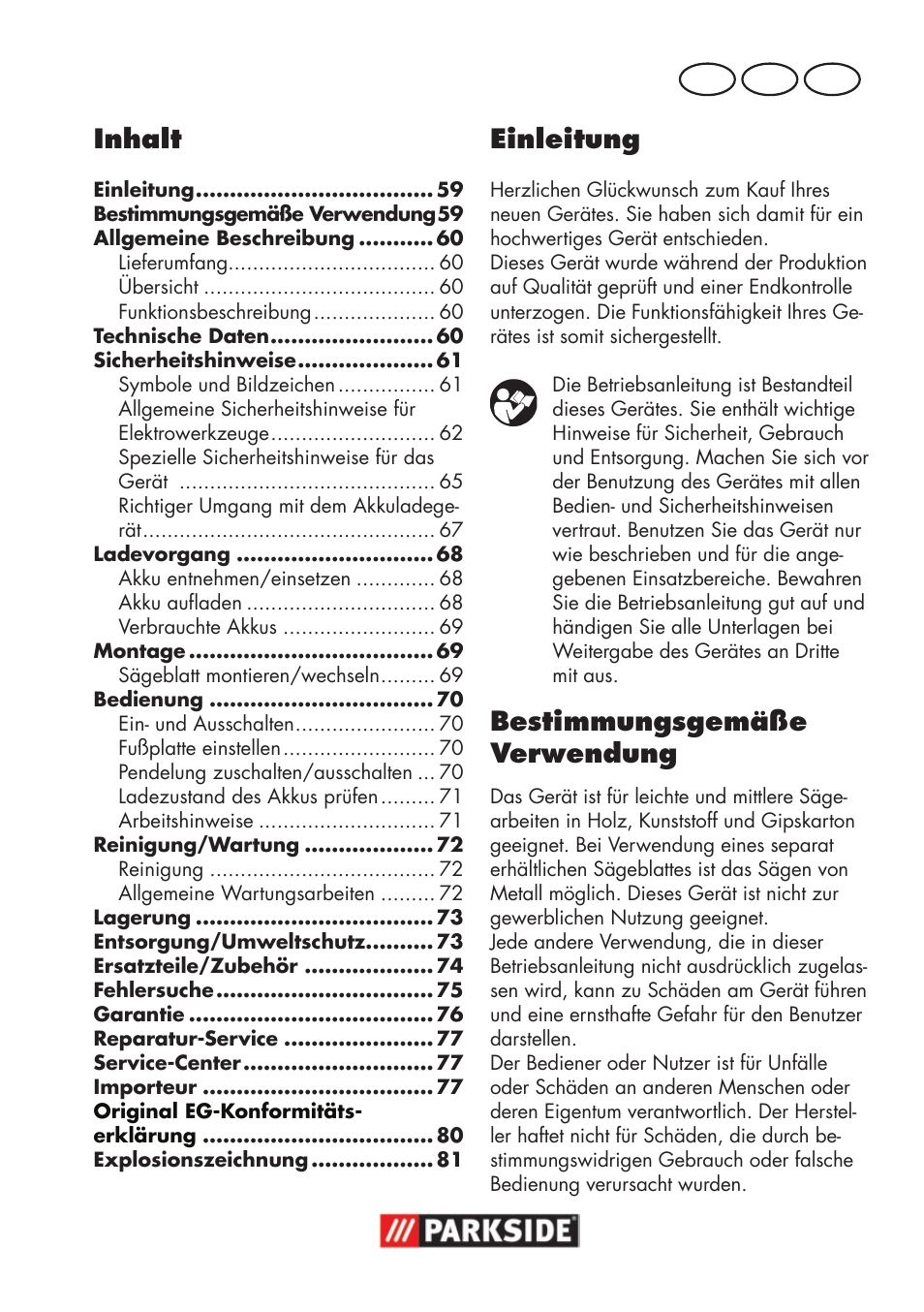 Inhalt, Einleitung, Bestimmungsgemäße verwendung | De at ch | Parkside PSSA 18 A1 User Manual | Page 59 / 84