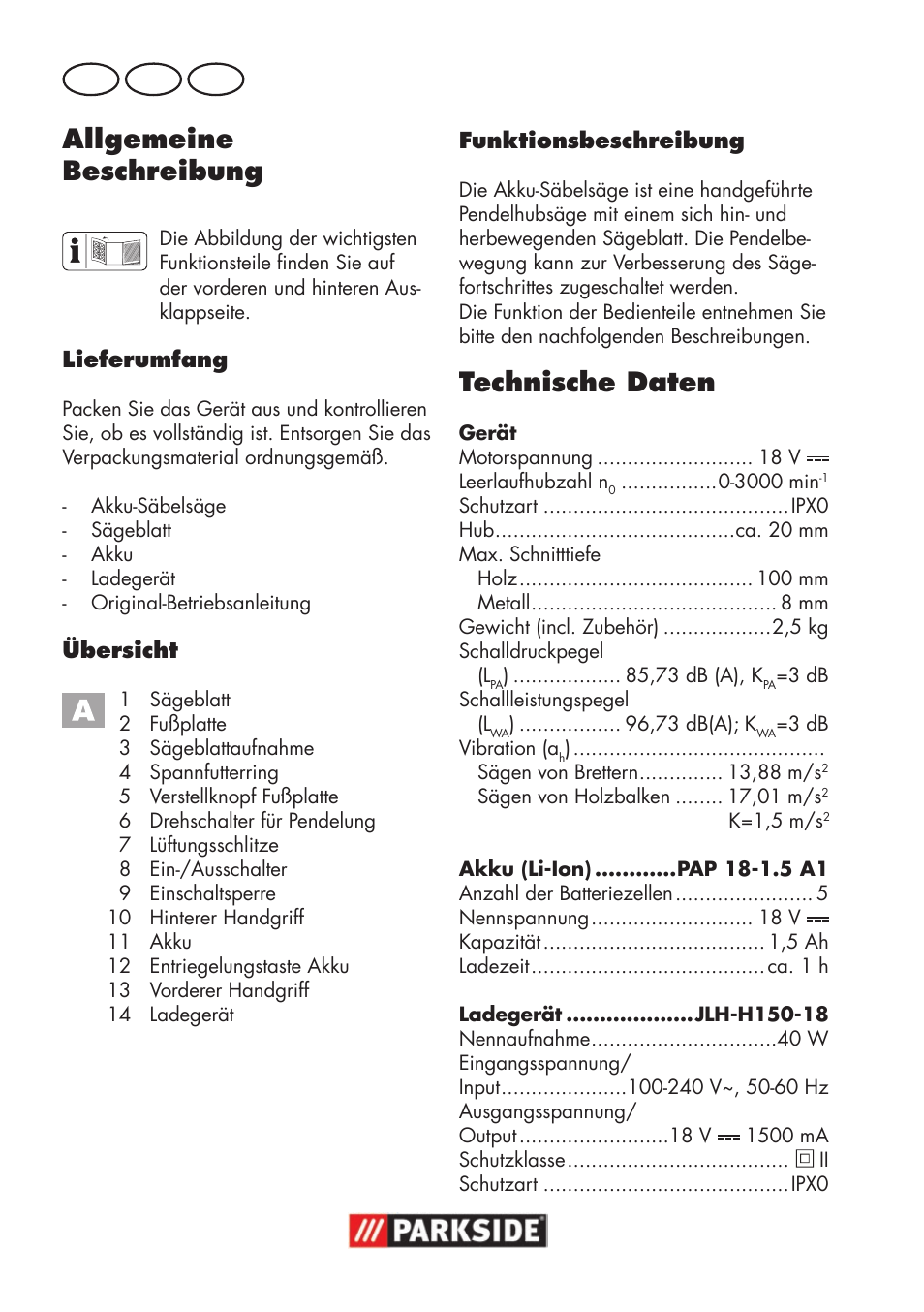 Allgemeine beschreibung, Technische daten, De at ch | Parkside PSSA 18 A1 User Manual | Page 60 / 84