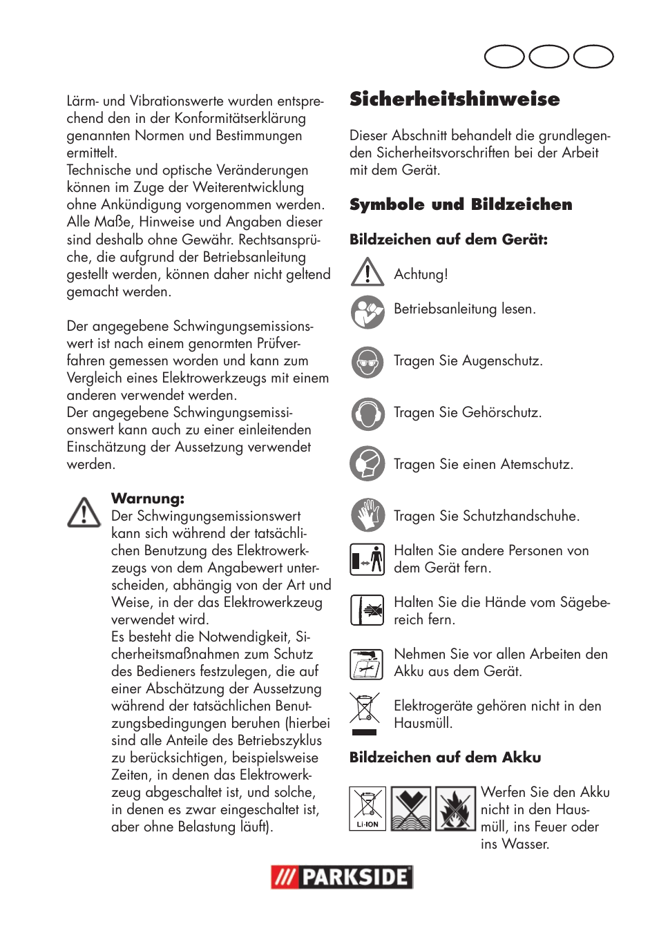 Sicherheitshinweise, De at ch | Parkside PSSA 18 A1 User Manual | Page 61 / 84