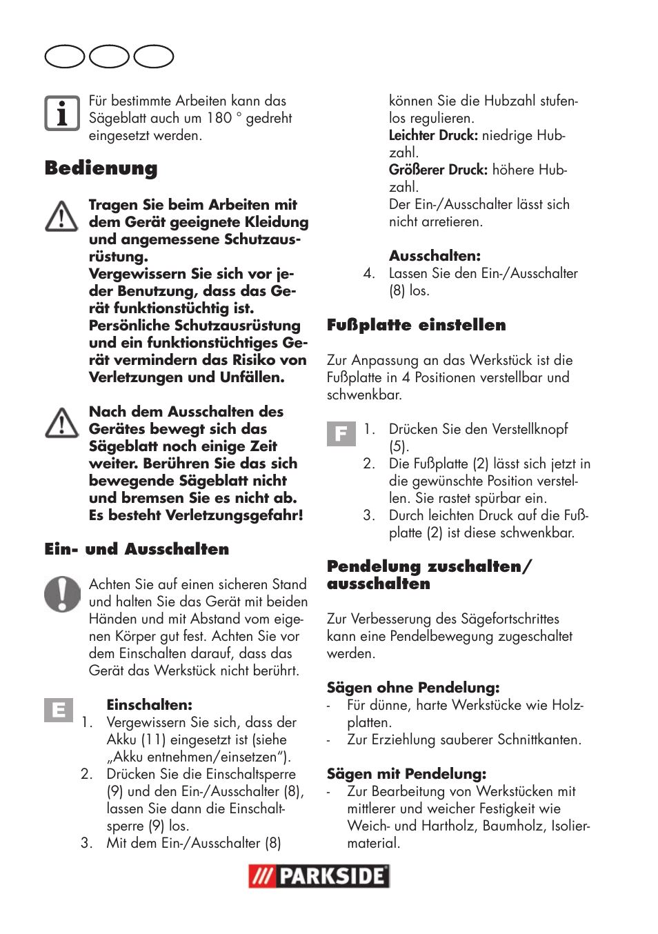 Bedienung, De at ch | Parkside PSSA 18 A1 User Manual | Page 70 / 84