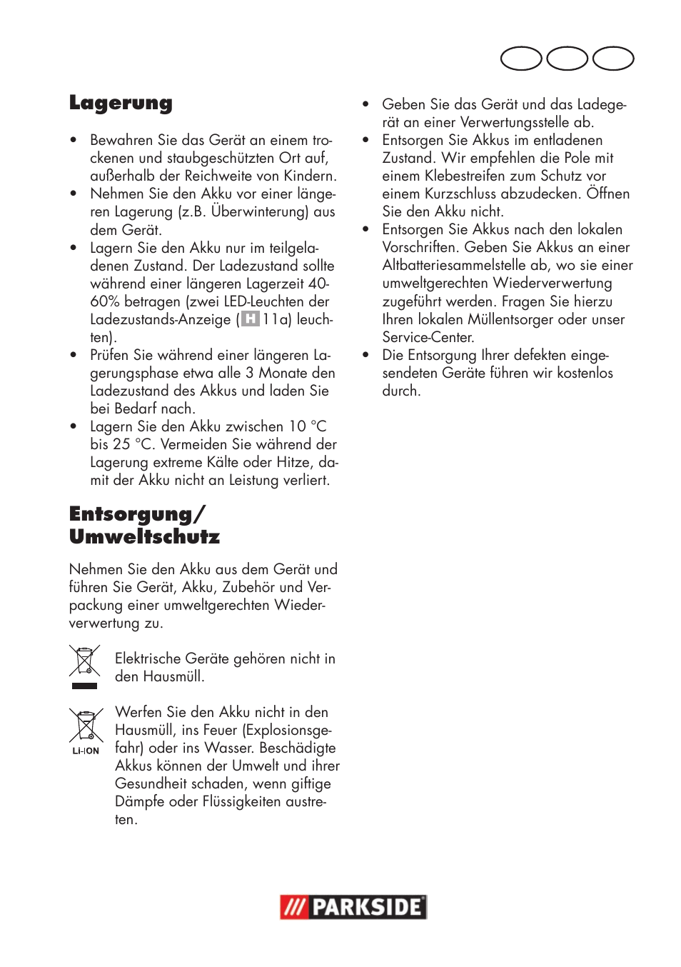 Lagerung, Entsorgung/ umweltschutz, De at ch | Parkside PSSA 18 A1 User Manual | Page 73 / 84