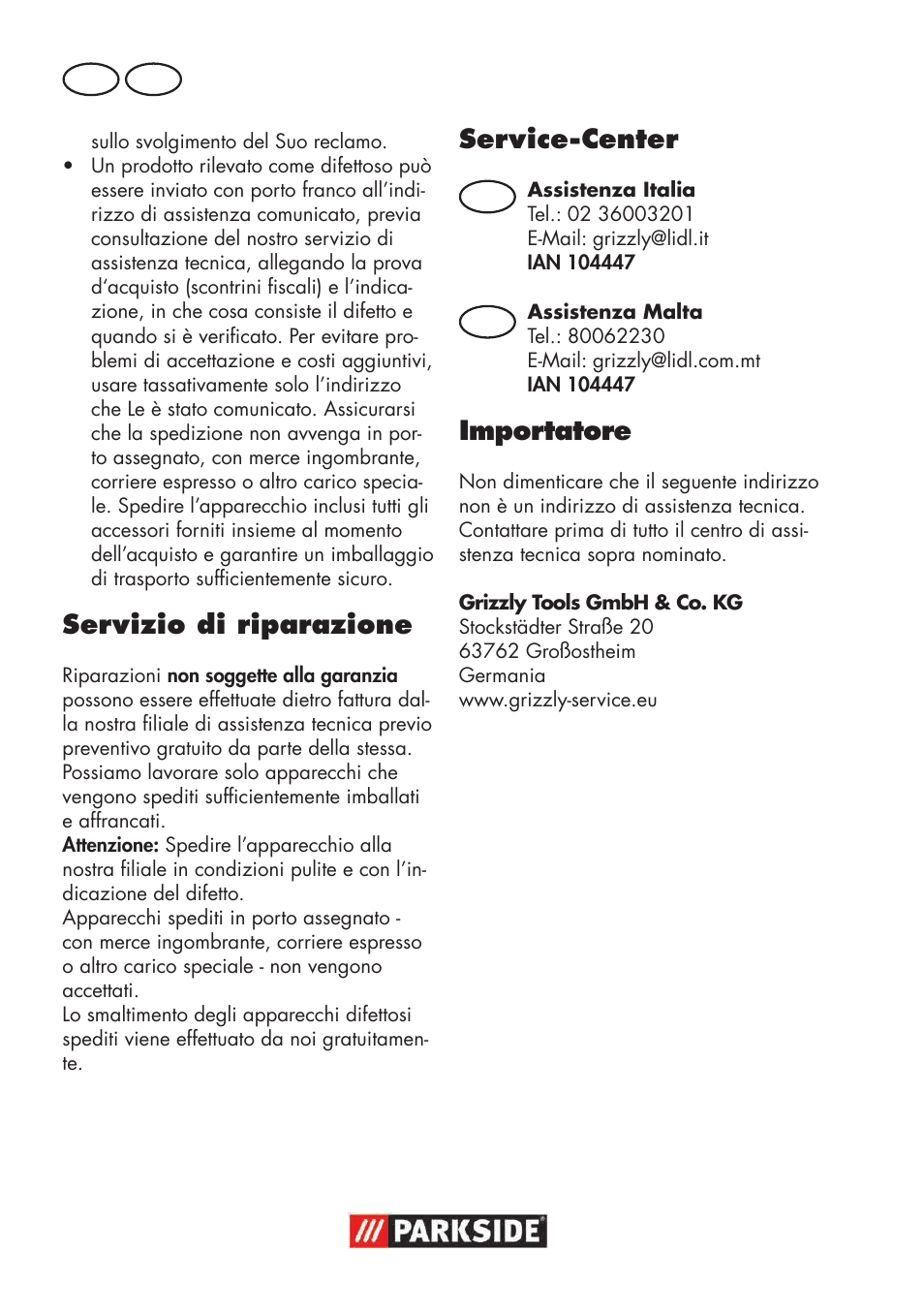 Servizio di riparazione, Service-center, Importatore | Parkside PSSA 18 A1 User Manual | Page 22 / 64