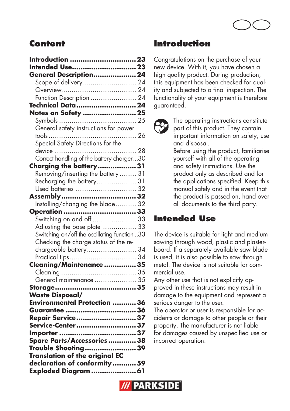 Content, Introduction, Intended use | Parkside PSSA 18 A1 User Manual | Page 23 / 64