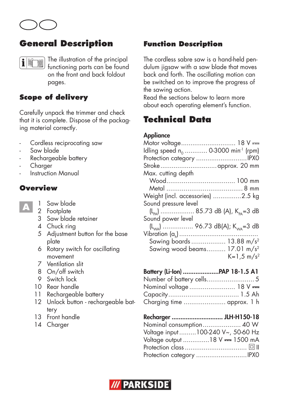 General description, Technical data | Parkside PSSA 18 A1 User Manual | Page 24 / 64