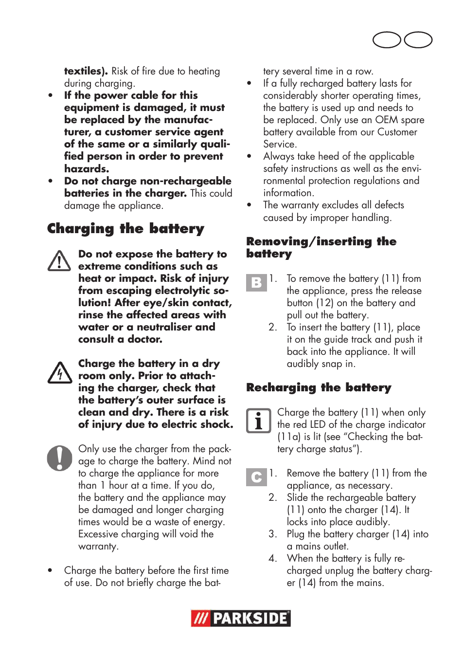 Charging the battery | Parkside PSSA 18 A1 User Manual | Page 31 / 64