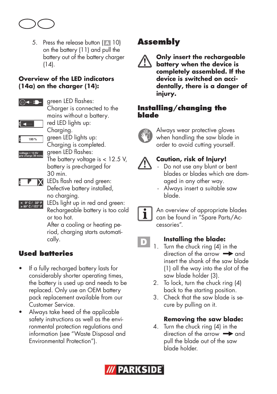 Assembly | Parkside PSSA 18 A1 User Manual | Page 32 / 64