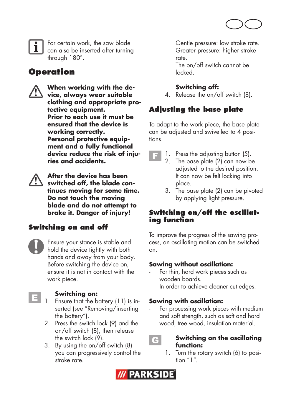 Operation | Parkside PSSA 18 A1 User Manual | Page 33 / 64