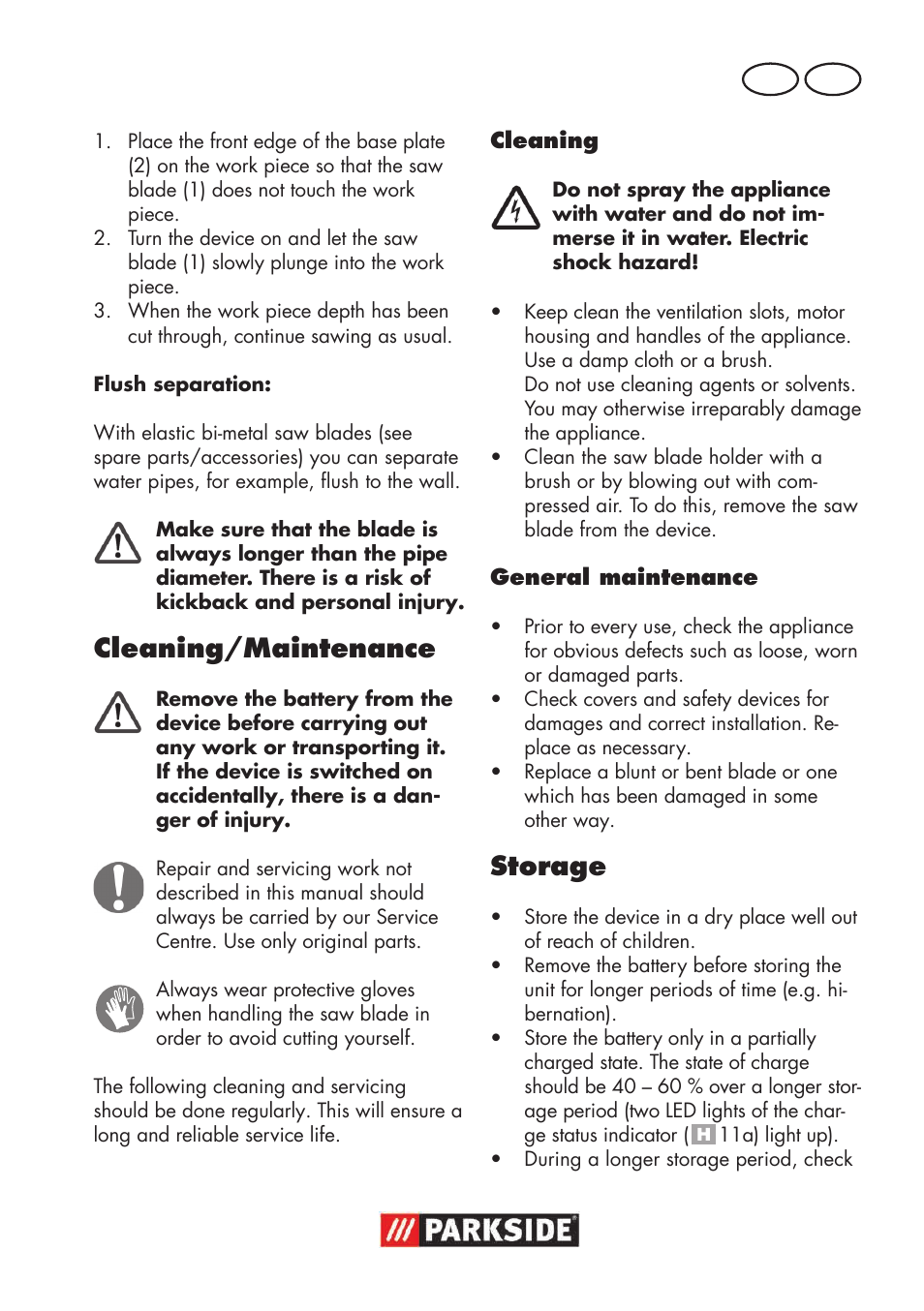 Cleaning/maintenance, Storage | Parkside PSSA 18 A1 User Manual | Page 35 / 64