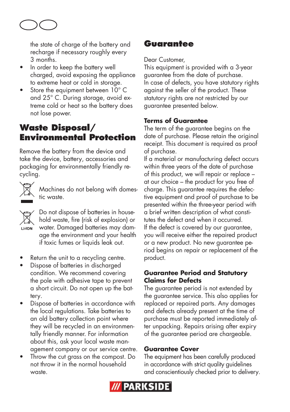 Waste disposal/ environmental protection, Guarantee | Parkside PSSA 18 A1 User Manual | Page 36 / 64