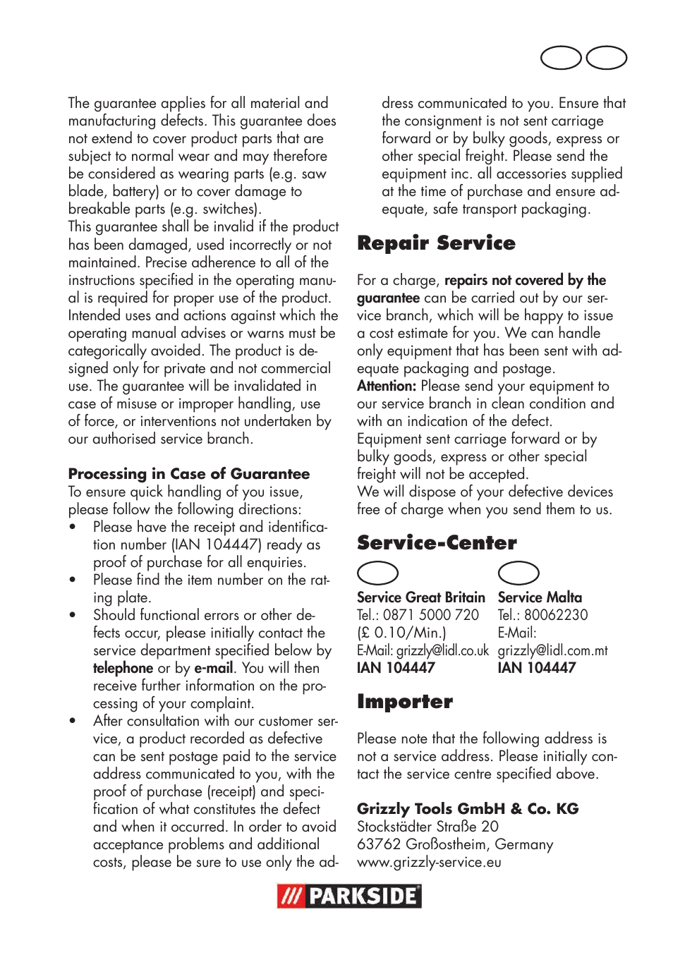 Repair service, Service-center, Importer | Parkside PSSA 18 A1 User Manual | Page 37 / 64