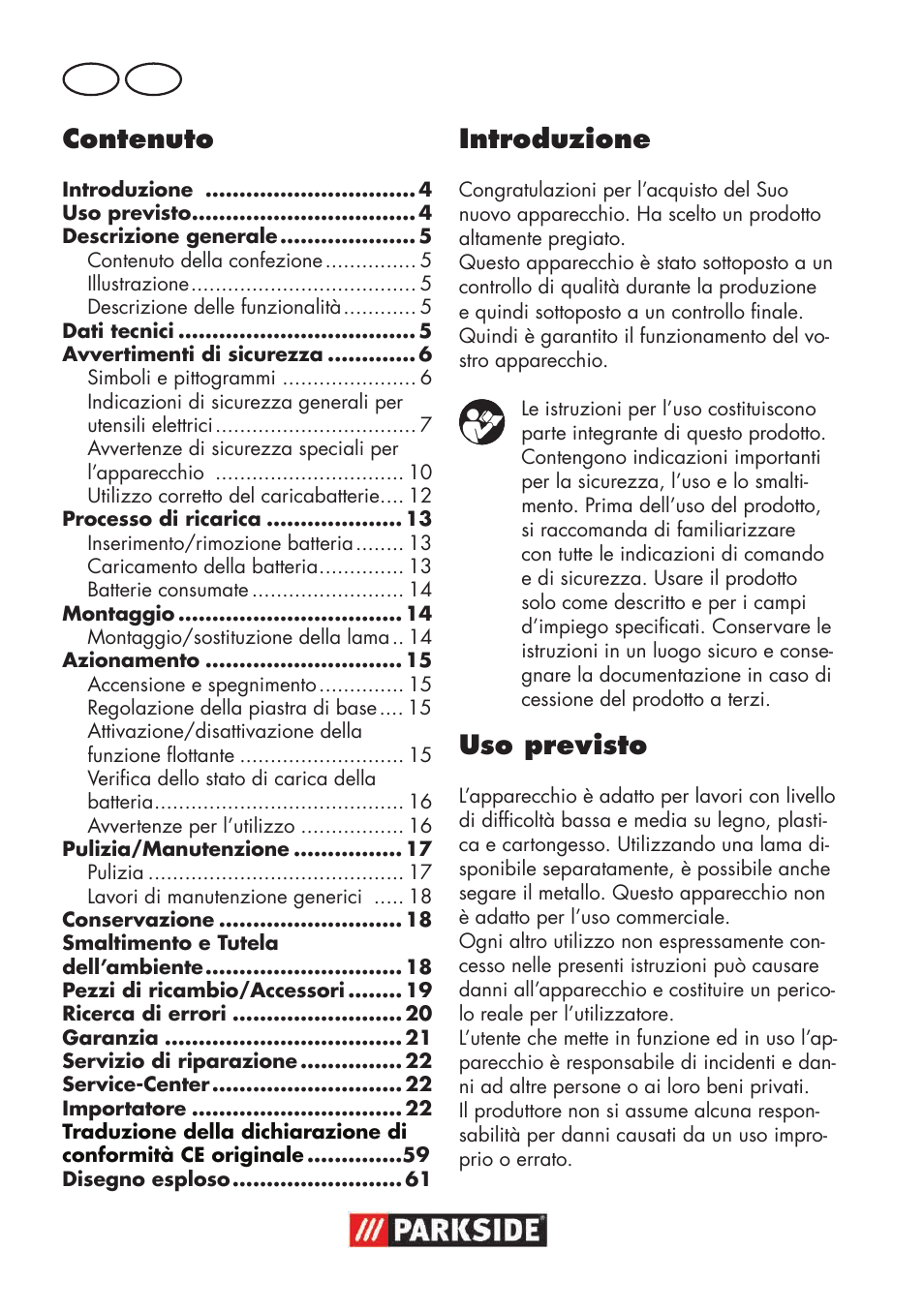 Contenuto, Introduzione, Uso previsto | It mt | Parkside PSSA 18 A1 User Manual | Page 4 / 64