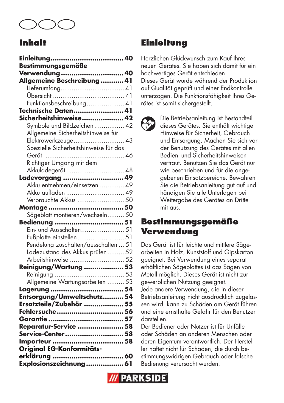 Inhalt, Einleitung, Bestimmungsgemäße verwendung | De at ch | Parkside PSSA 18 A1 User Manual | Page 40 / 64