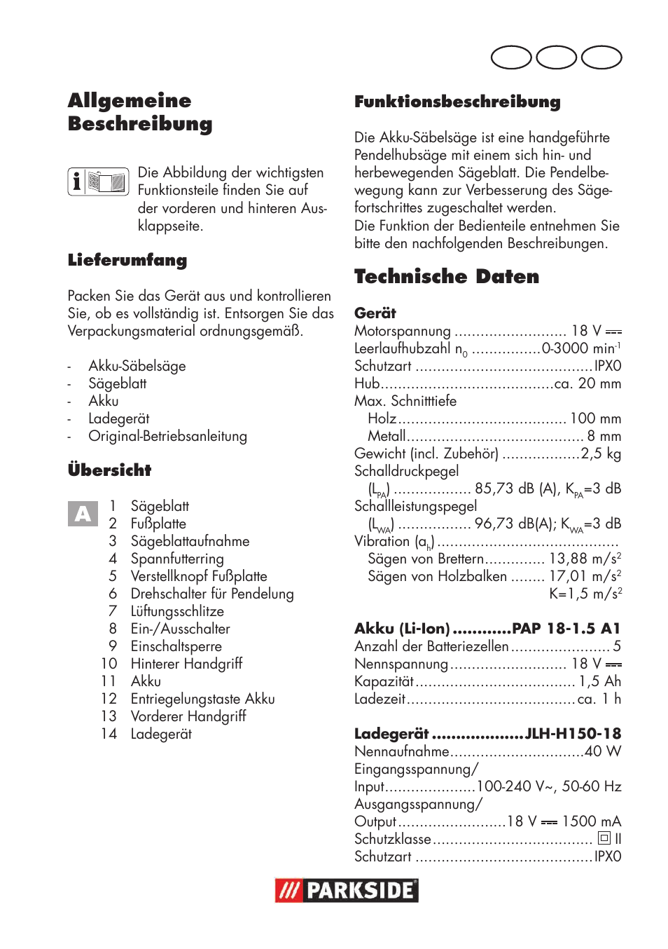 Allgemeine beschreibung, Technische daten, De at ch | Parkside PSSA 18 A1 User Manual | Page 41 / 64