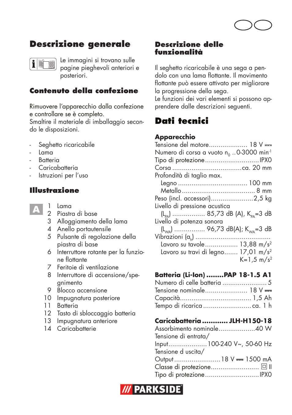 Descrizione generale, Dati tecnici, It mt | Parkside PSSA 18 A1 User Manual | Page 5 / 64