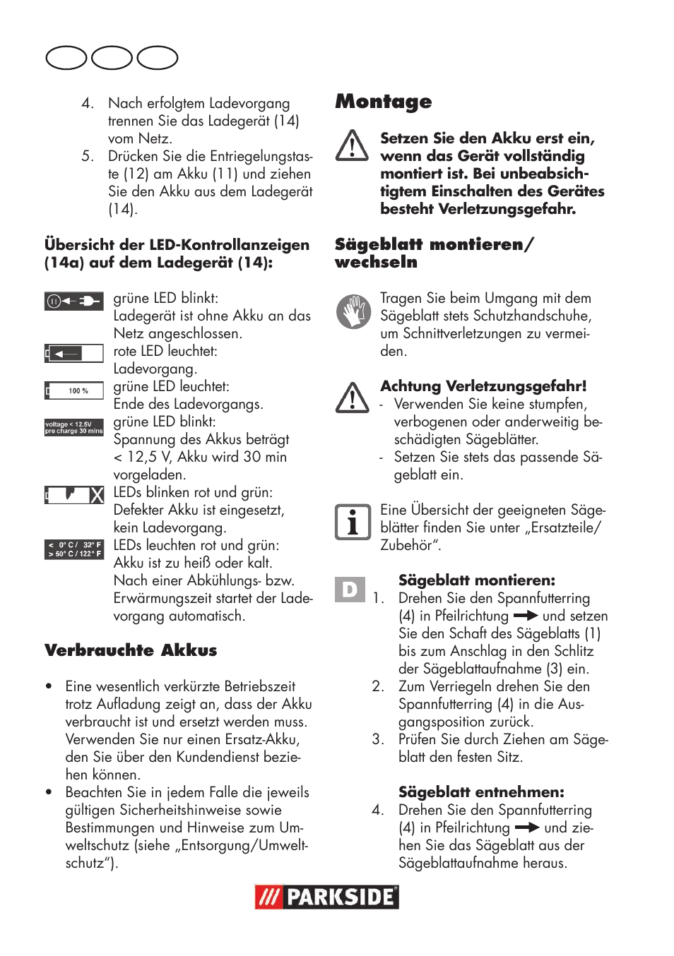 Montage, De at ch | Parkside PSSA 18 A1 User Manual | Page 50 / 64