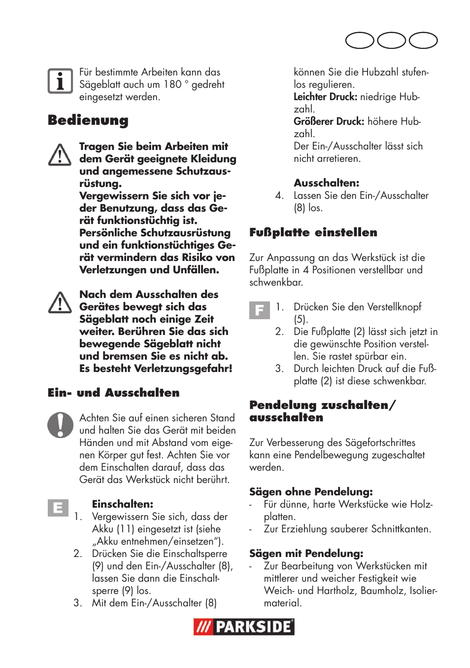 Bedienung, De at ch | Parkside PSSA 18 A1 User Manual | Page 51 / 64