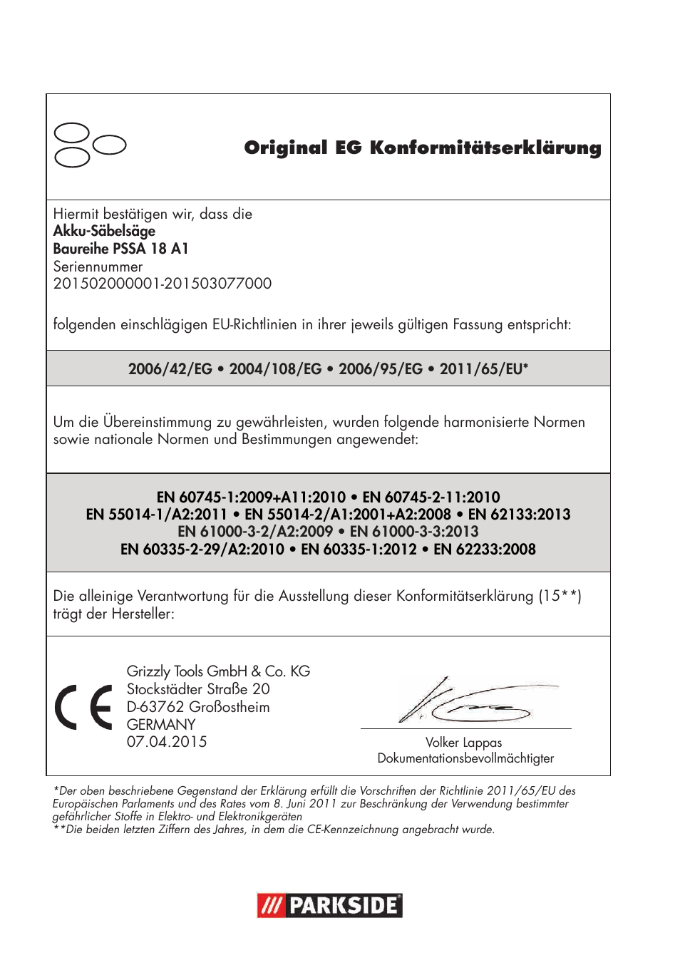 Original eg konformitätserklärung | Parkside PSSA 18 A1 User Manual | Page 60 / 64