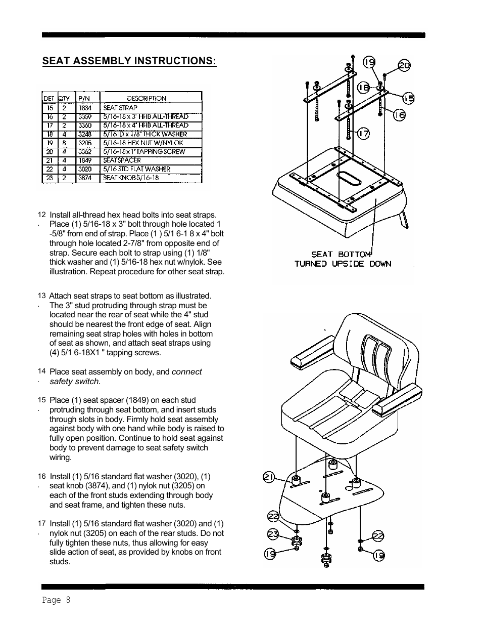 Page 8, Seat assembly instructions | Dixon 5501 User Manual | Page 11 / 42