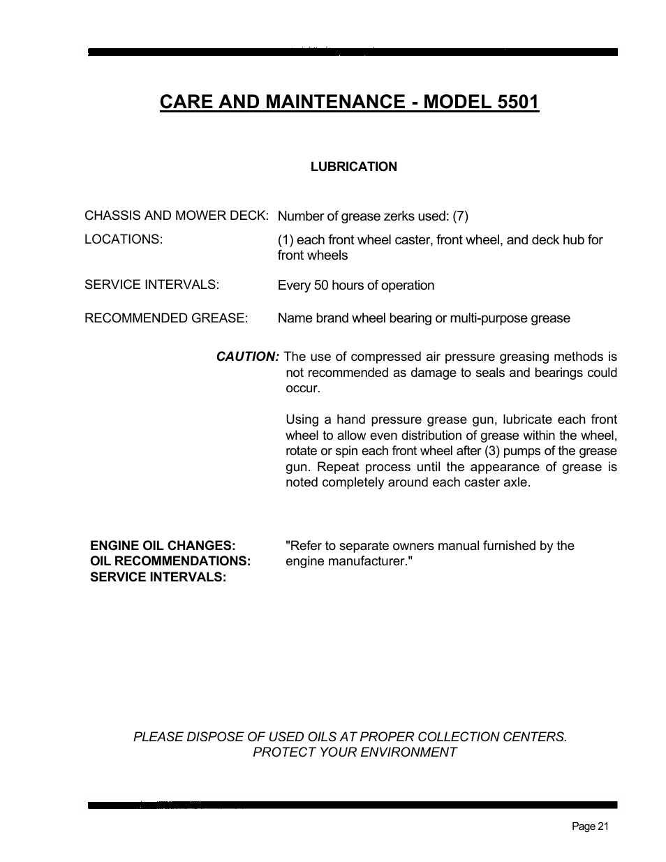 Care and maintenance - model 5501 | Dixon 5501 User Manual | Page 24 / 42