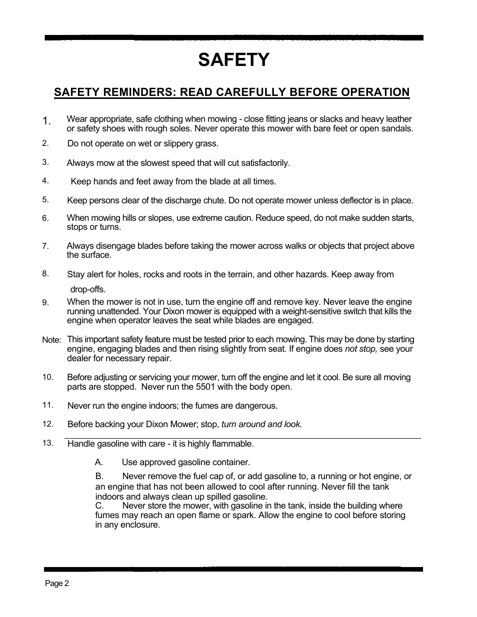 Safety, Safety reminders: read carefully before operation | Dixon 5501 User Manual | Page 5 / 42