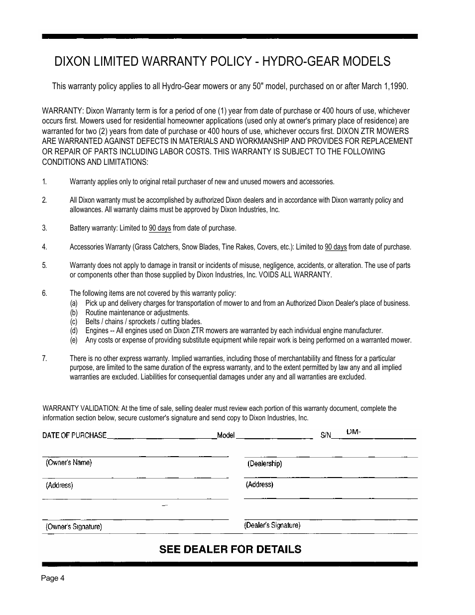 Dixon limited warranty policy - hydro-gear models | Dixon 5501 User Manual | Page 7 / 42