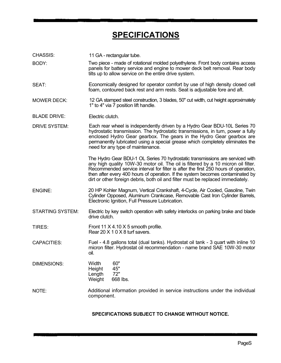 Specifications | Dixon 5501 User Manual | Page 8 / 42