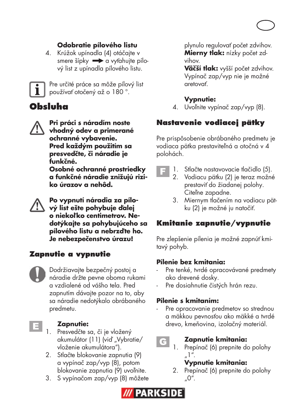 Obsluha | Parkside PSSA 18 A1 User Manual | Page 105 / 140